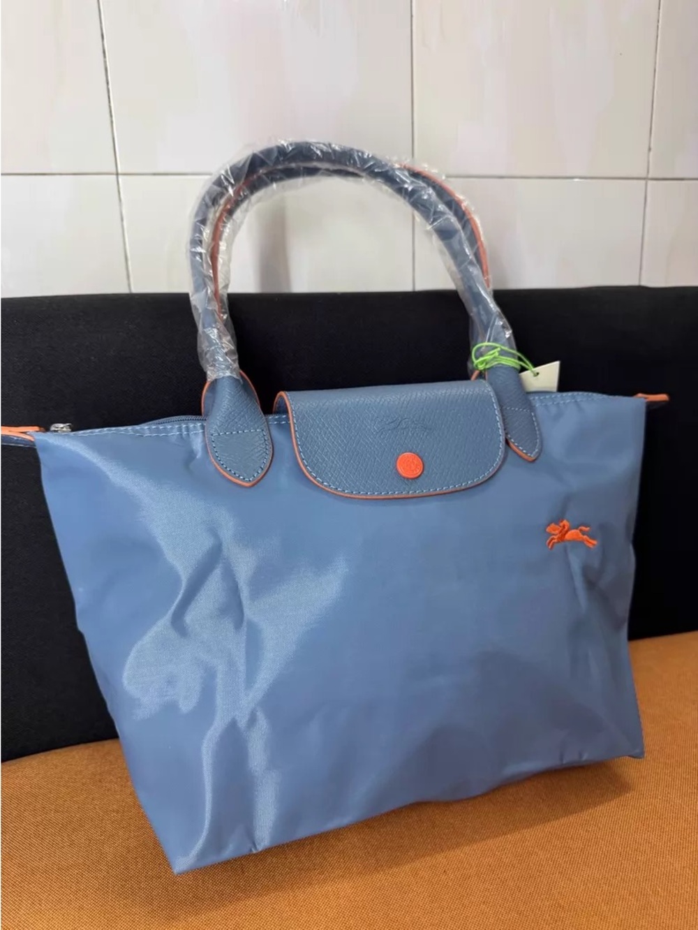 Longchamp Blue Tote with Orange Trim and Logo - Picture 3 of 6